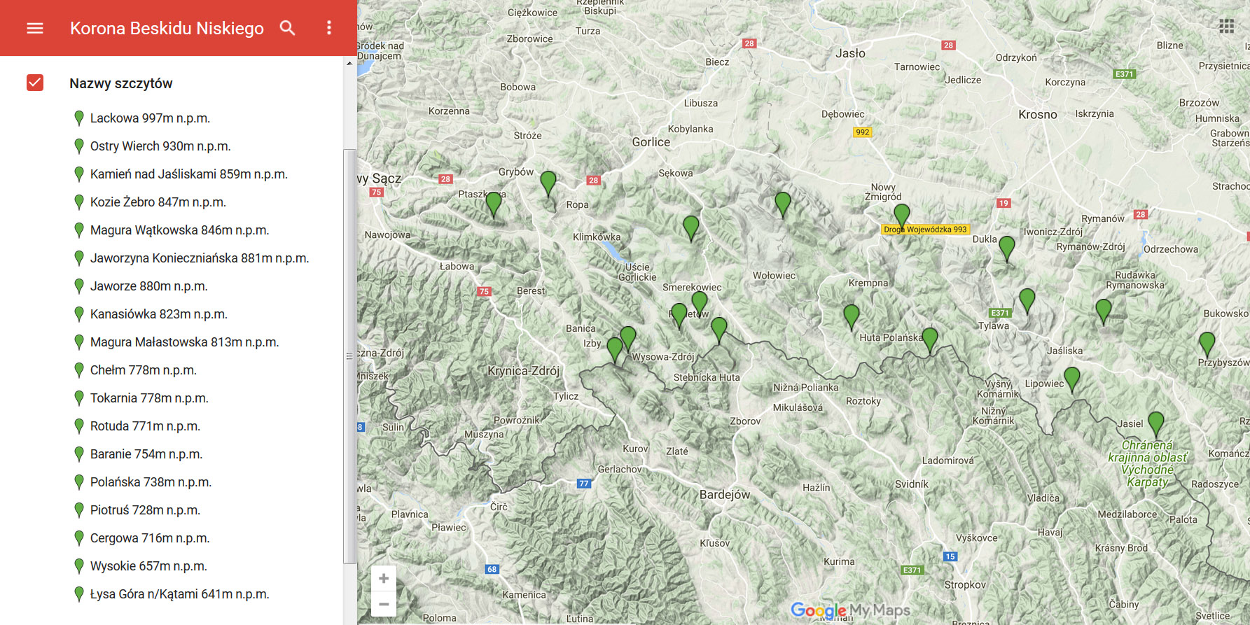 Mapa szczyt&oacute;w Korony Beskidu Niskiego